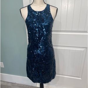 Mikael Aghal 100% Silk Blue Sequin Shift dress size 6